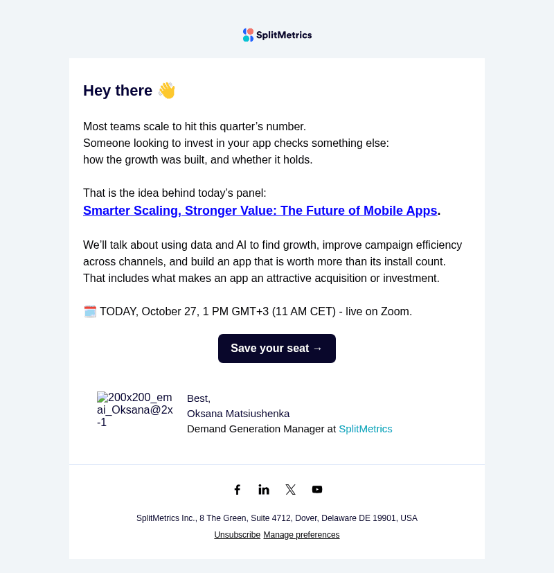 SplitMetrics email from Tue, Oct 27, 2026